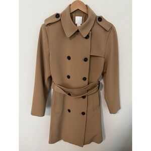 H&M Women's Tan Brown Double Breasted Belted Trench Coat Size M Classy Executive